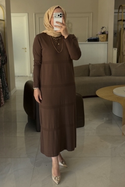Açık Kahve Merzerize Çizgi Detay Elbise K800