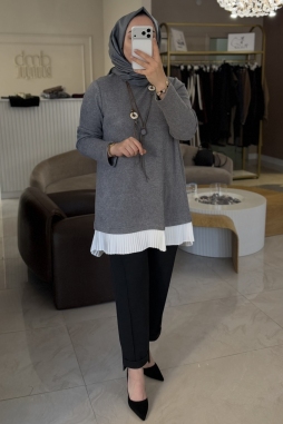 Gri Kolyeli Pilise Detaylı Tunik