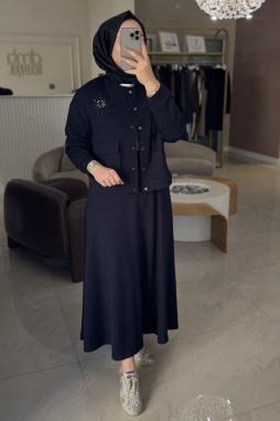 Lacivert Taş İşlemeli Çıt Ceketli Etekli Takım