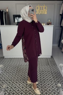 Bordo Arka Desen Detay Hırka