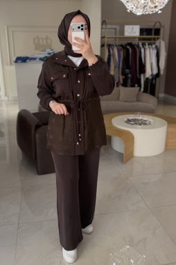 Kahverengi Jakar Detaylı Büzgülü Cep Detaylı 1097 Pantolonlu Takım