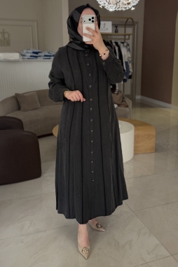 Siyah DÜĞME DETAY İPEK KUPRA ELBİSE