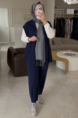 Lacivert PUL ŞERİT DETAYLI YELEK PAÇA PENSLİ PANTOLON TAKIM 3106