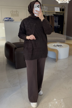 Kahverengi ANGORA ÇİÇEK İŞLEME KAZAK 7004