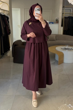 MÜRDÜM KATMAN GÖRÜNÜMLÜ DİK YAKA ELBİSE 4473