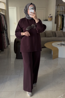 MÜRDÜM KOL DETAYLI BONCUK İŞLEMELİ TAKIM 1077
