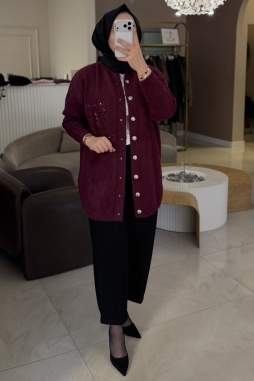 Bordo ANGORA ÇİÇEK İŞLEME UZUN HIRKA 7007