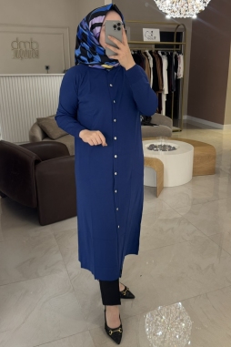 Saks Mavisi Uzun Düz Hırka