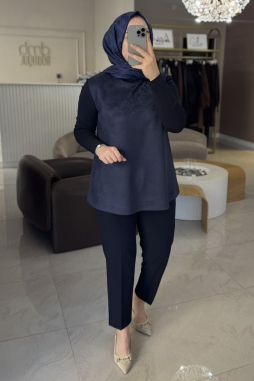 Lacivert SÜET VE MERSERİZE DETAYLI 3004 TUNİK 