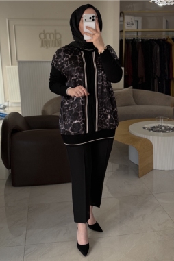 Siyah Leopar Şerit Tunik
