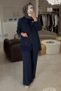 Lacivert Asimetrik Minimal Yakalı Broş Detaylı Fermuarlı 3Lü Takım