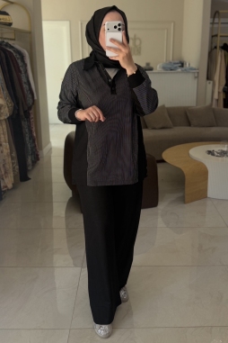 Siyah Ribana Detaylı Çizgili Takım 1040