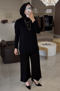 Siyah Leopar Kombinli Rayon Tunik