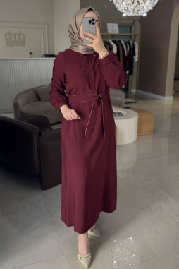 Bordo Cep Detaylı Yakalı Elbise 2005 