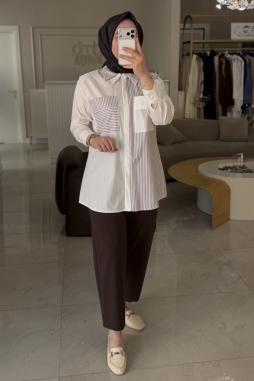 Camel Çizgili Çift Yakalı İncili Gömlek