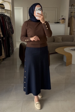 Kahverengi Omzu Düğmeli Merserize Tunik 203