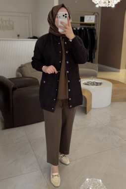 Kahverengi ANGORA CEPLİ UZUN HIRKA 7008