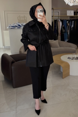 Siyah CEP BONCUK İŞLEME BÜZGÜLÜ CEKET