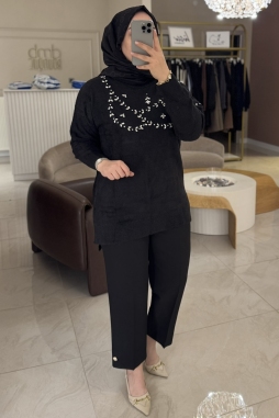 Siyah ANGORA GÖĞÜS  ÜSTÜ TAŞLI TUNİK 7002