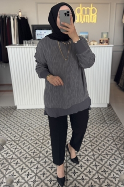 Gri Ribanalı İpek Tunik