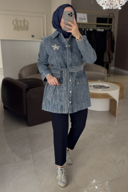 Mavi Jakar Detaylı Denim Ceket