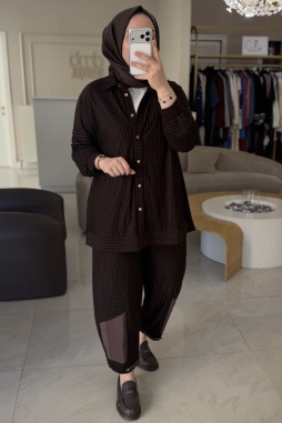 Kahverengi ÇİZGİLİ PAÇA DETAYLI TAKIM