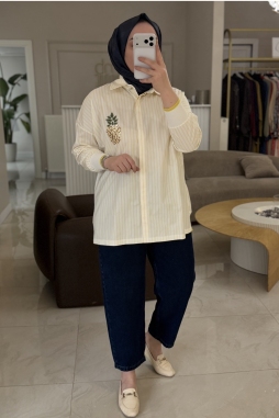 SARI TRİKO RİBANA DETAYLI ÇİZGİLİ GÖMLEK