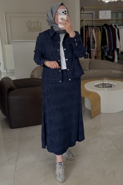 Lacivert Denim Baskılı Etekli Takım