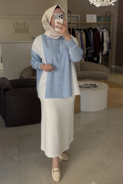 Mavi ÇİZGİ DESEN KUMAŞ MİXLİ TAŞLI TUNİK