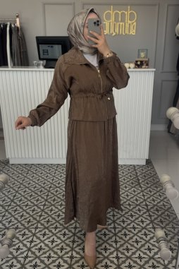 Kahverengi Jakar Etek Ceket Takım 1039