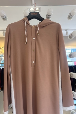 Camel Şerit Detaylı Kapişonlu Tunik