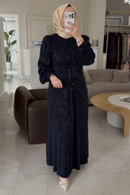 Lacivert BEL BAĞLAMA DETAYLI ELBİSE