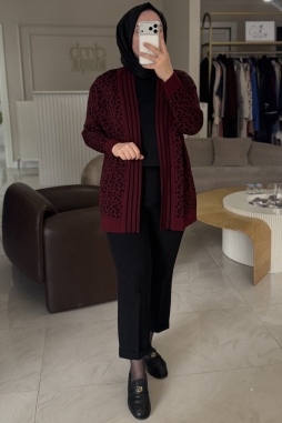Bordo Leopar Desen Rayon Hırka