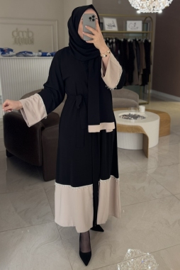 Siyah Bej Renk Geçişli Abaya