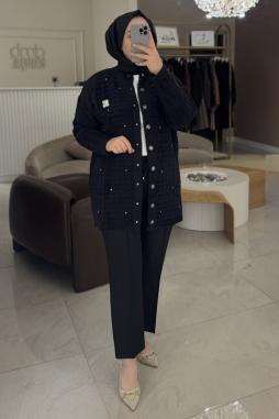Siyah ANGORA ŞERİT TAŞ DETAY HIRKA 7010