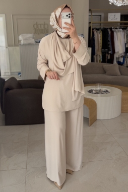 Bej ŞAL DETAYLI TUNİK PANTOLONLU TAKIM 5070