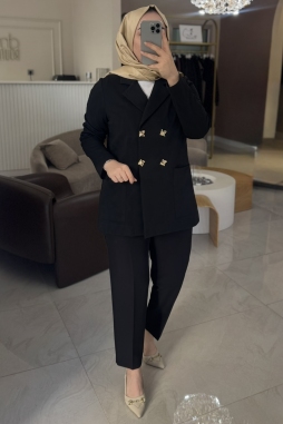 Siyah GOLD DÜĞMELİ KENDİNDEN DESENLİ CEKET