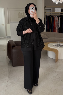 Siyah Pul Nakış Brode Gömlekli Takım