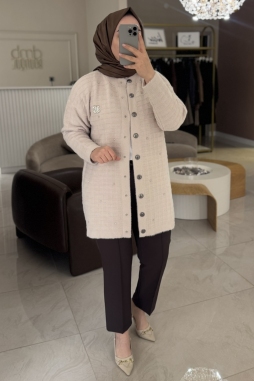 Bej ANGORA ŞERİT TAŞ DETAY HIRKA 7010