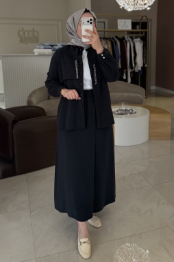 Siyah Taş İşleme Detaylı Etekli Takım 1050