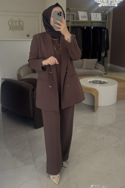 Kahverengi Blazer Üçlü Takım
