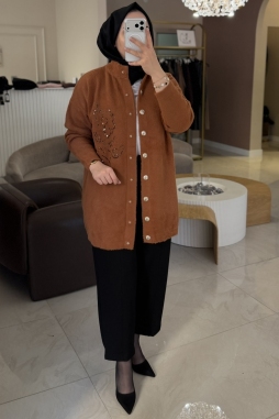 Tarçın Angora Çiçek İşleme Uzun Hırka 7007