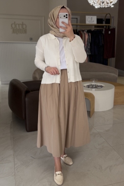 Bej Ely Beli Lastikli Etek