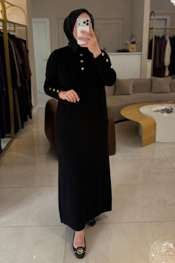Siyah KOL VE YAKA DÜĞME DETAYLI ELBİSE 801