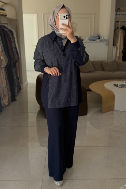 Lacivert RİBANA DETAYLI ÇİZGİLİ TAKIM 1040