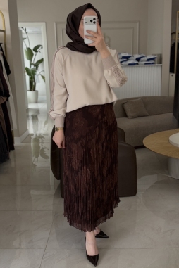 Kahverengi Efru Desen Kırıştırma Etek