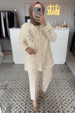 Bej 4157 Özel Tasarım Payet Gömlek