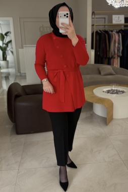 Kırmızı Yan Düğme Hırka 1789