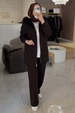 Kahverengi Kürklü Kapüşon Takım