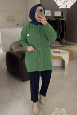 Yeşil ANGORA ŞERİT TAŞ DETAY HIRKA 7010